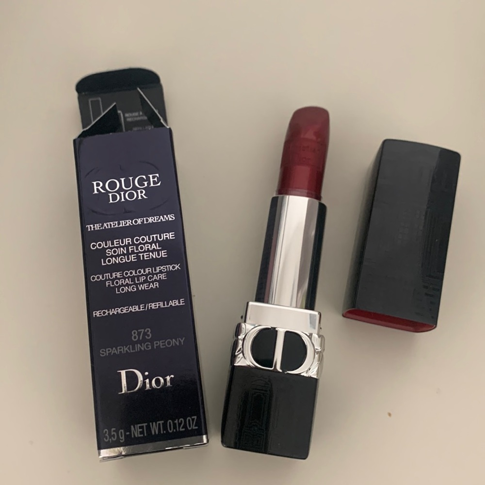 Dior Holiday 2021 873 sparkling peony ruby refillable lipstick and case